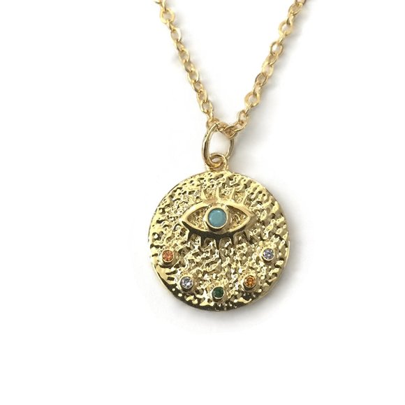 Small Evil Eye Multi Color Cubic Zirconia Turquoise Medallion Charm Necklace - Picture 1 of 5